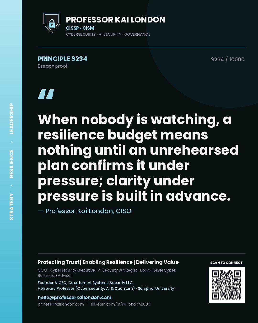 Quote card by Professor Kai London reading 'When nobody is watching, a resilience budget means nothing until an unrehearsed plan confirms it under pressure; clarity under pressure is built in advance.'. From the book Breachproof.