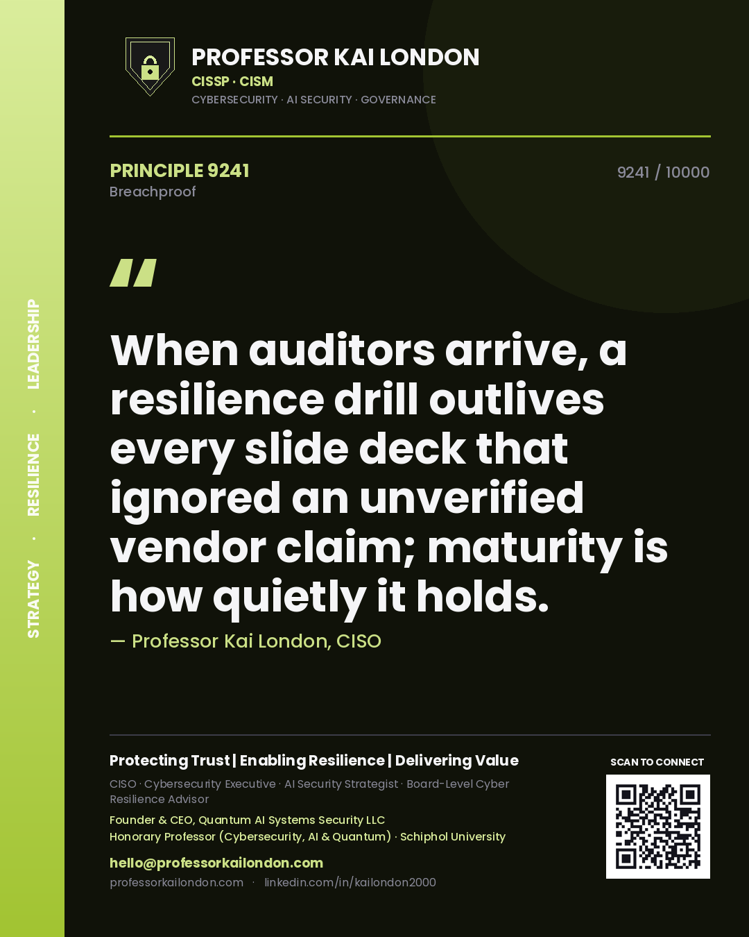 Professor Kai London principle 9241: When auditors arrive, a resilience drill outlives every slide deck that ignored an unverified vendor claim; maturity is how quietly it holds.