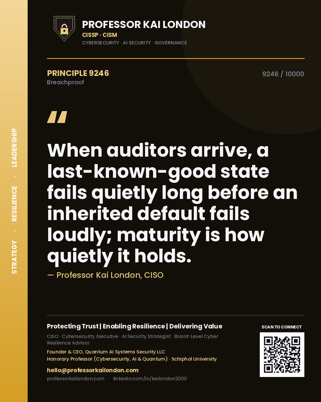 Professor Kai London principle 9246: When auditors arrive, a last-known-good state fails quietly long before an inherited default fails loudly; maturity is how quietly it holds.