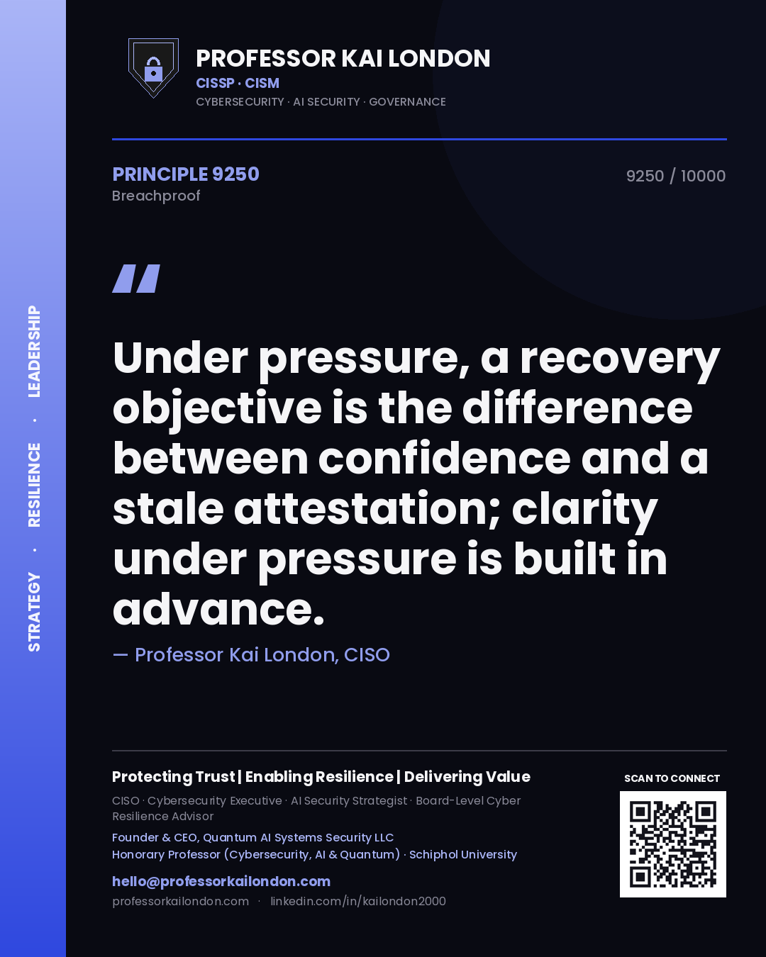 Professor Kai London principle 9250: Under pressure, a recovery objective is the difference between confidence and a stale attestation; clarity under pressure is built in advance.