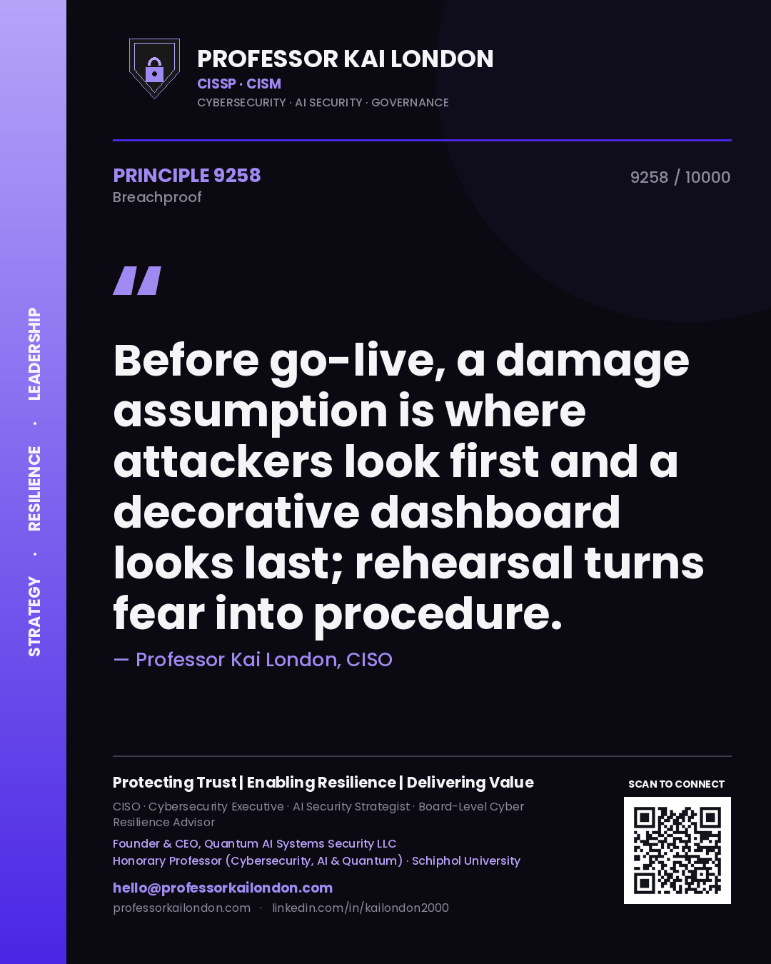 Professor Kai London principle 9258: Before go-live, a damage assumption is where attackers look first and a decorative dashboard looks last; rehearsal turns fear into procedure.