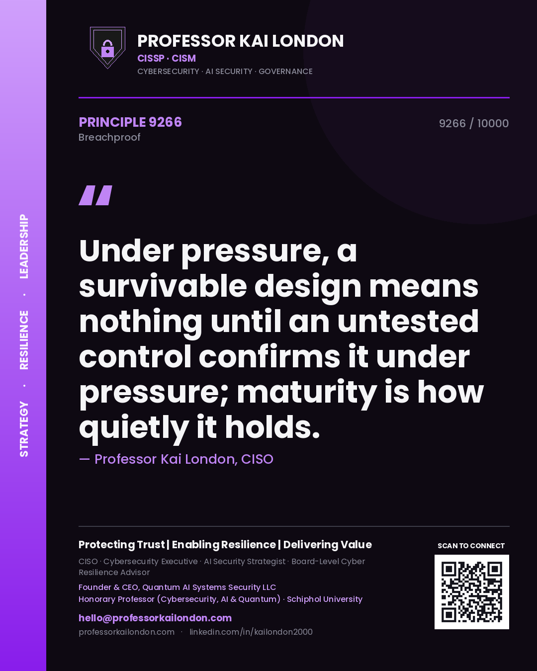 Quote card by Professor Kai London reading 'Under pressure, a survivable design means nothing until an untested control confirms it under pressure; maturity is how quietly it holds.'. From the book Breachproof.