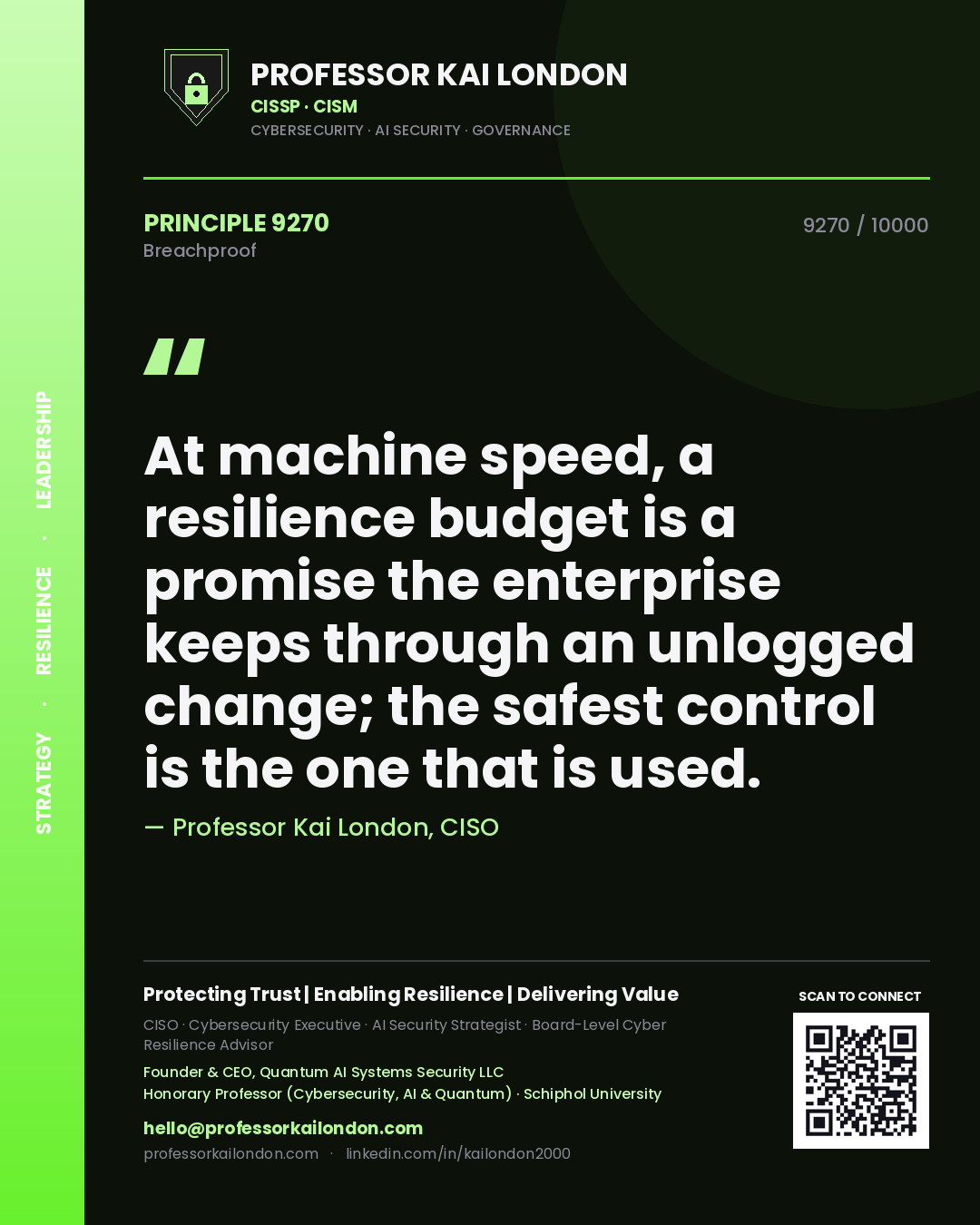 Quote card by Professor Kai London reading 'At machine speed, a resilience budget is a promise the enterprise keeps through an unlogged change; the safest control is the one that is used.'. From the book Breachproof.