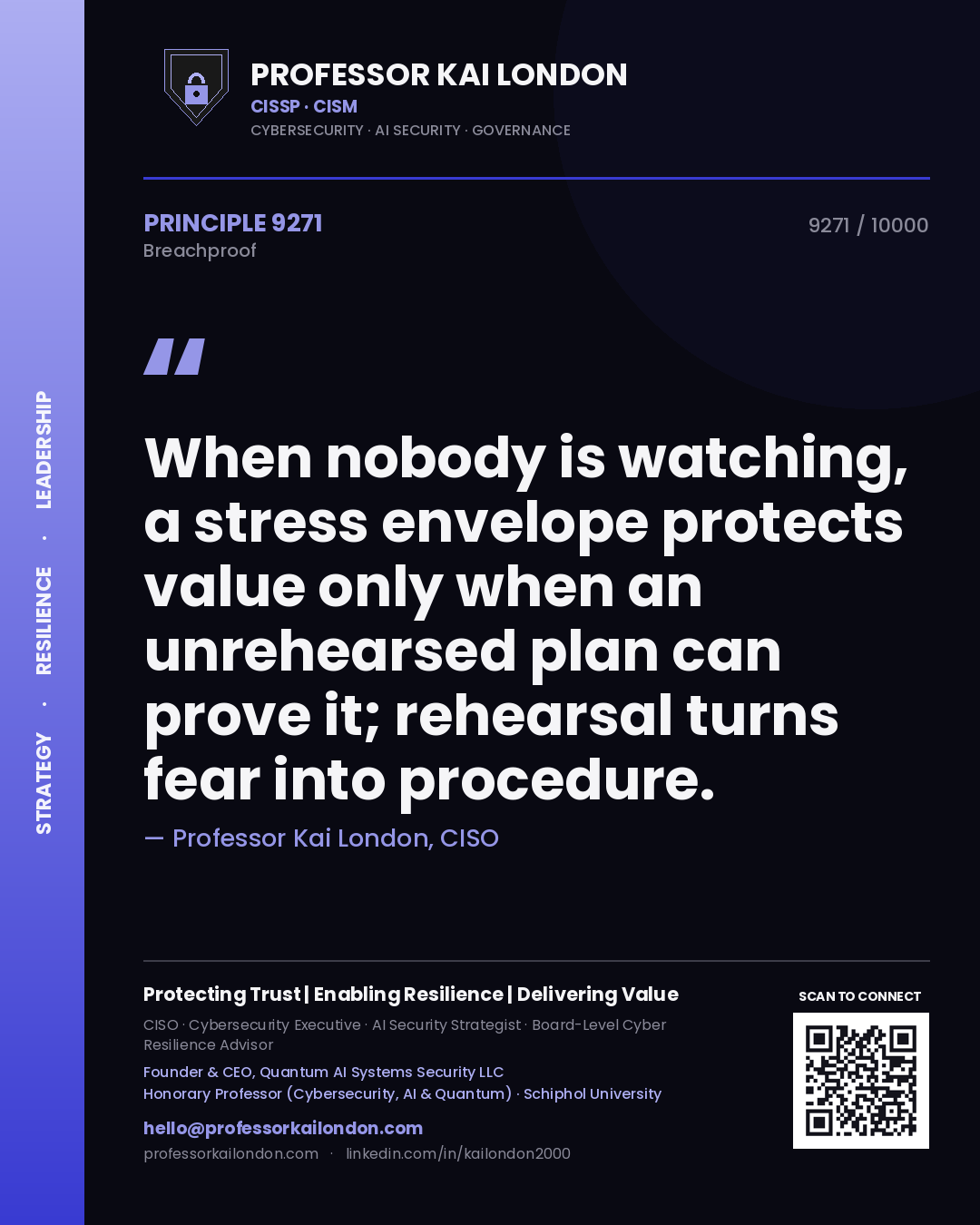 Quote card by Professor Kai London reading 'When nobody is watching, a stress envelope protects value only when an unrehearsed plan can prove it; rehearsal turns fear into procedure.'. From the book Breachproof.