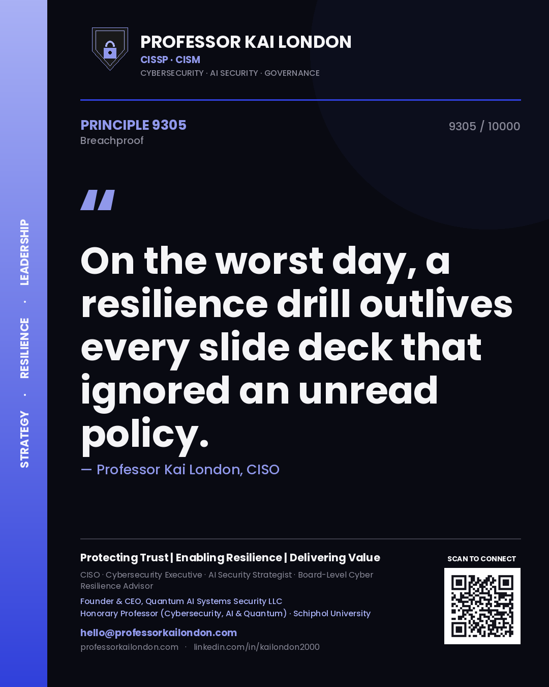 Quote card by Professor Kai London reading 'On the worst day, a resilience drill outlives every slide deck that ignored an unread policy.'. From the book Breachproof.