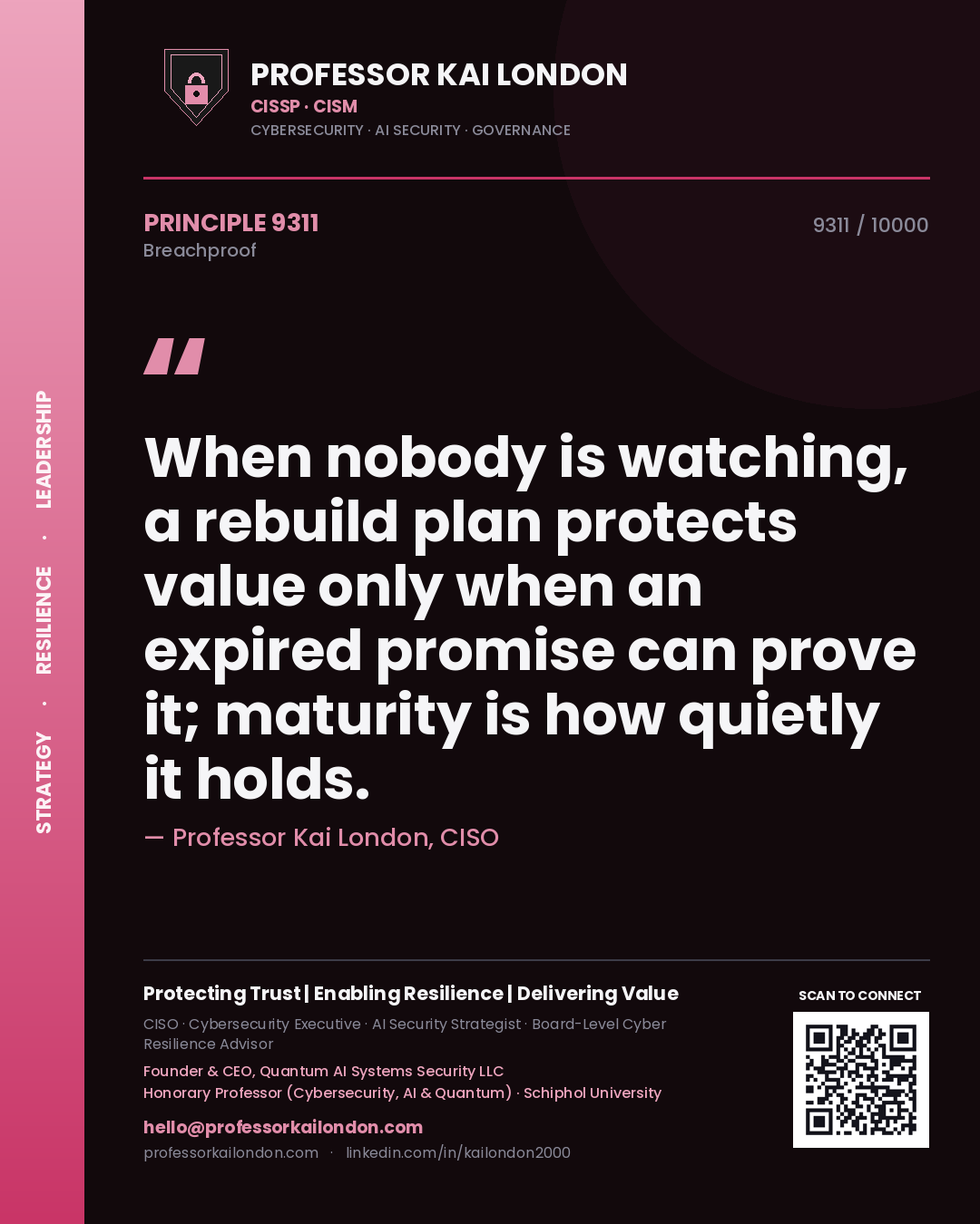 Quote card by Professor Kai London reading 'When nobody is watching, a rebuild plan protects value only when an expired promise can prove it; maturity is how quietly it holds.'. From the book Breachproof.