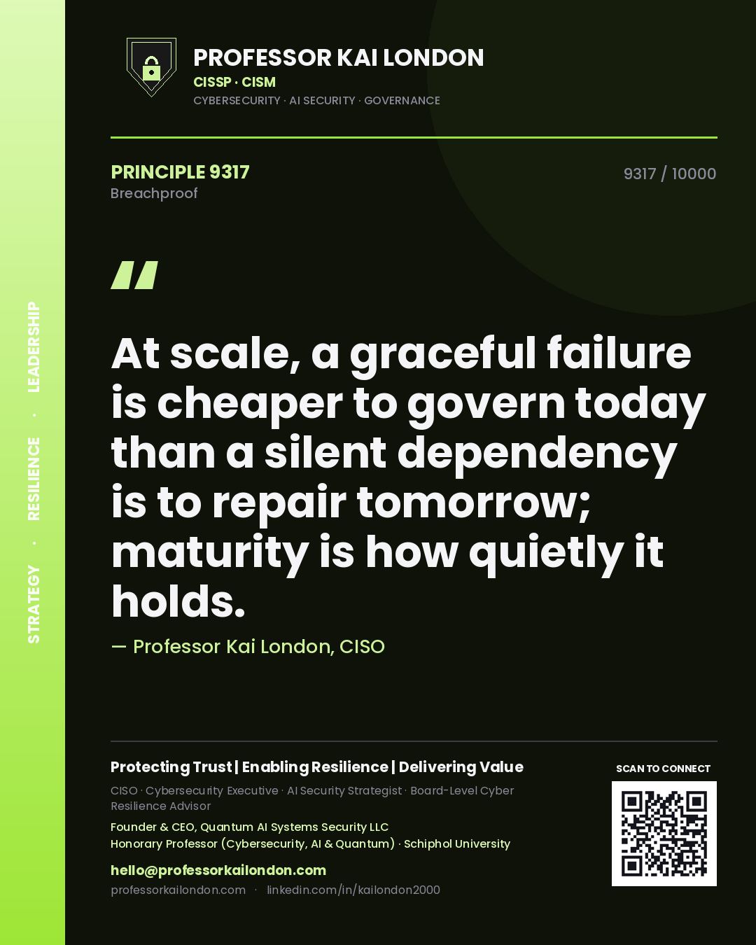 Quote card by Professor Kai London reading 'At scale, a graceful failure is cheaper to govern today than a silent dependency is to repair tomorrow; maturity is how quietly it holds.'. From the book Breachproof.