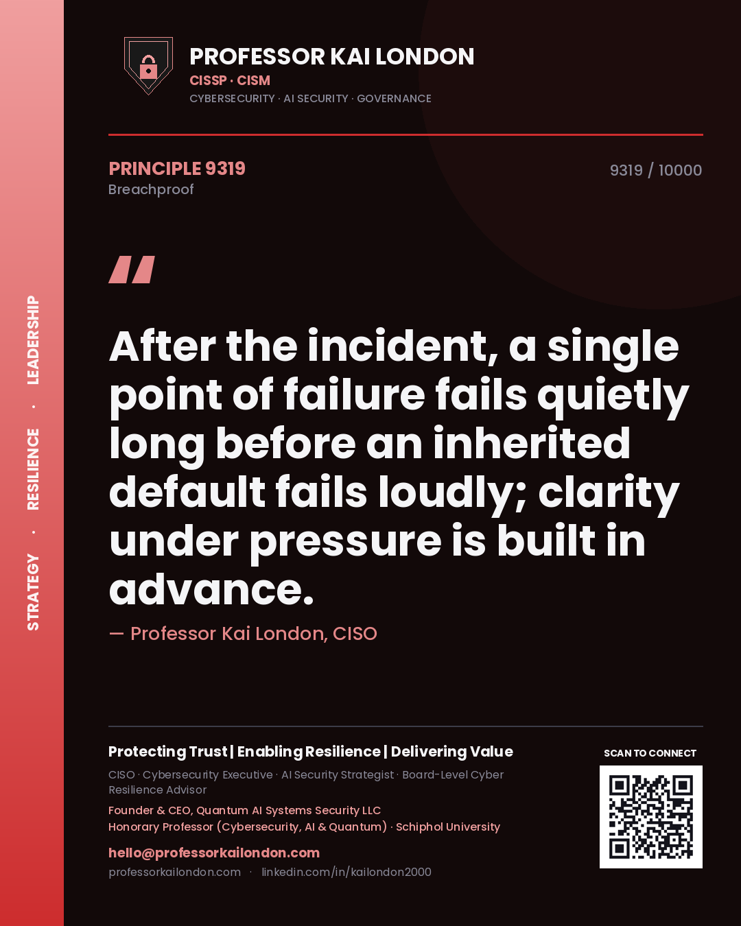 Quote card by Professor Kai London reading 'After the incident, a single point of failure fails quietly long before an inherited default fails loudly; clarity under pressure is built in advance.'. From the book Breachproof.