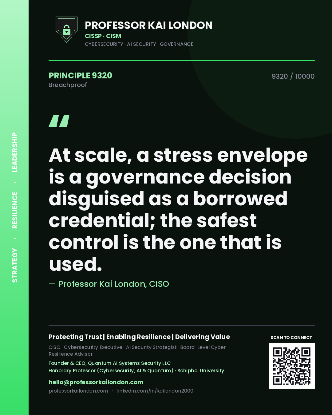 Quote card by Professor Kai London reading 'At scale, a stress envelope is a governance decision disguised as a borrowed credential; the safest control is the one that is used.'. From the book Breachproof.