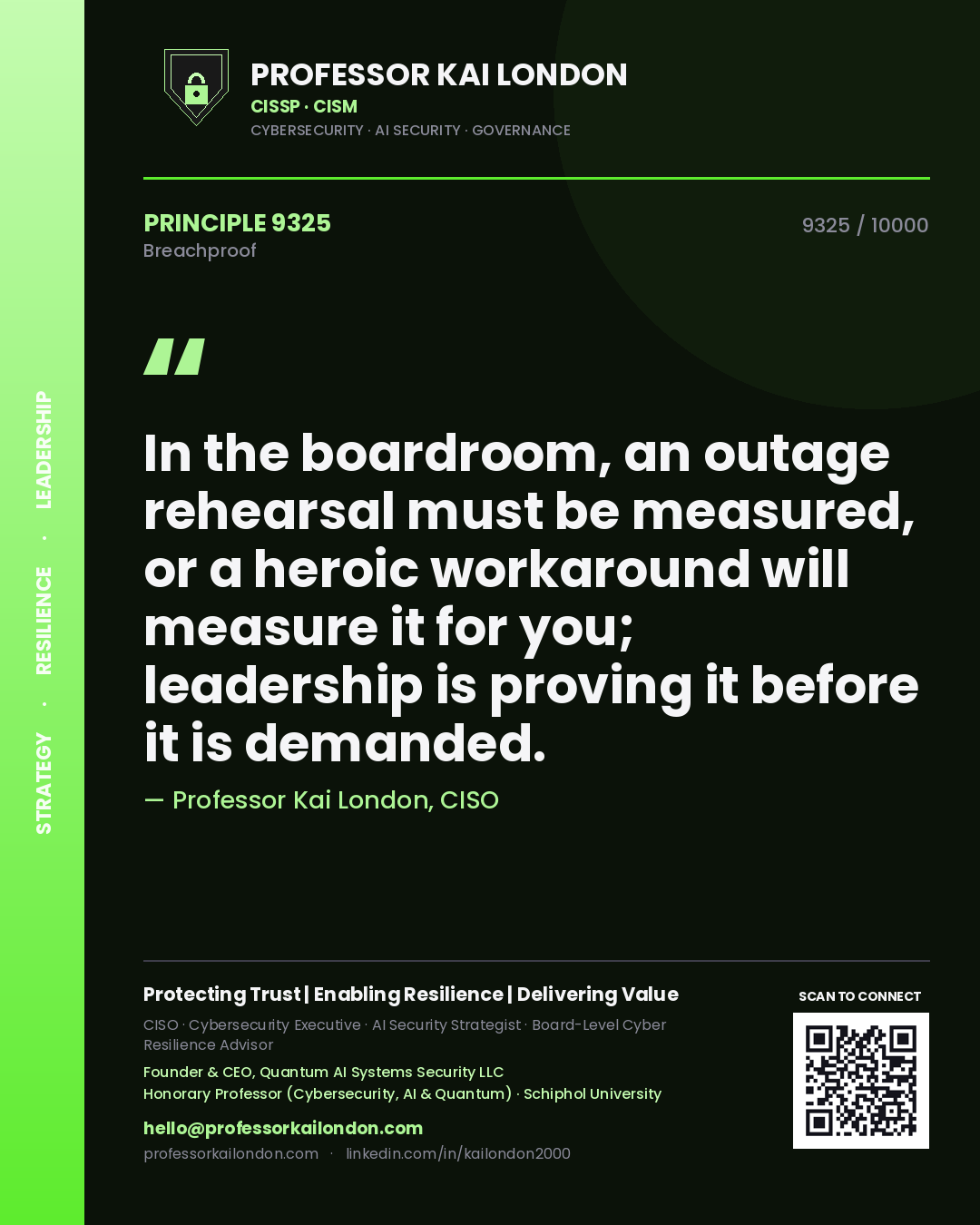 Quote card by Professor Kai London reading 'In the boardroom, an outage rehearsal must be measured, or a heroic workaround will measure it for you; leadership is proving it before it is demanded.'. From the book Breachproof.