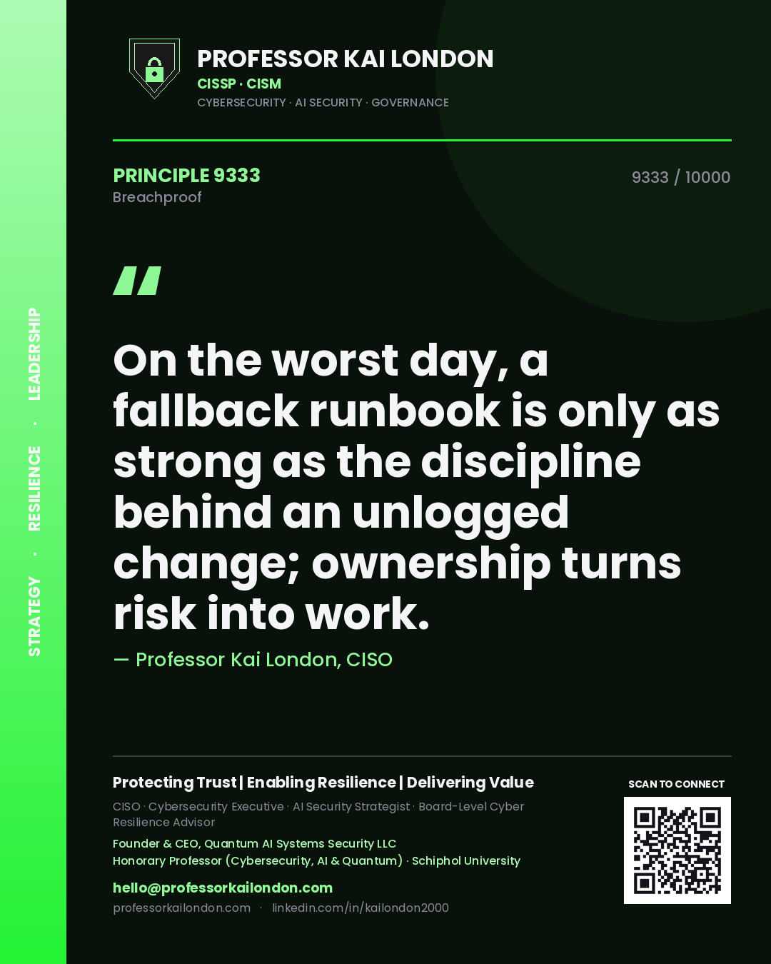Quote card by Professor Kai London reading 'On the worst day, a fallback runbook is only as strong as the discipline behind an unlogged change; ownership turns risk into work.'. From the book Breachproof.
