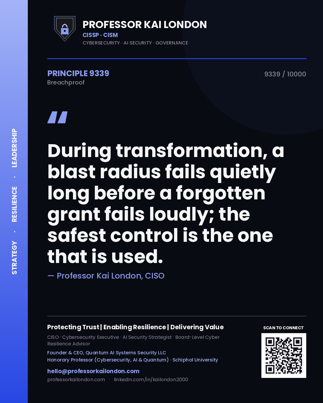Quote card by Professor Kai London reading 'During transformation, a blast radius fails quietly long before a forgotten grant fails loudly; the safest control is the one that is used.'. From the book Breachproof.