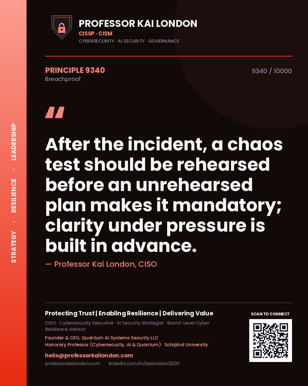 Quote card by Professor Kai London reading 'After the incident, a chaos test should be rehearsed before an unrehearsed plan makes it mandatory; clarity under pressure is built in advance.'. From the book Breachproof.