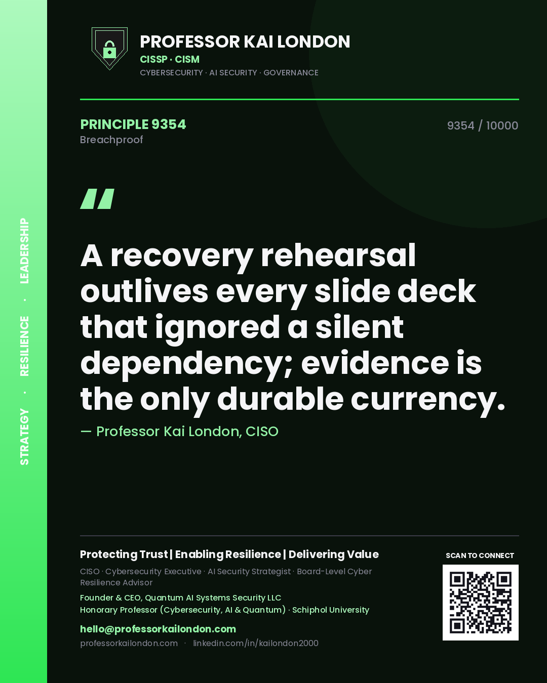 Quote card by Professor Kai London reading 'A recovery rehearsal outlives every slide deck that ignored a silent dependency; evidence is the only durable currency.'. From the book Breachproof.