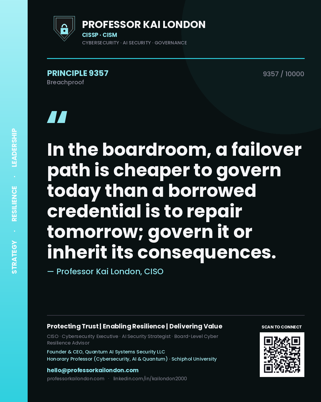 Quote card by Professor Kai London reading 'In the boardroom, a failover path is cheaper to govern today than a borrowed credential is to repair tomorrow; govern it or inherit its consequences.'. From the book Breachproof.