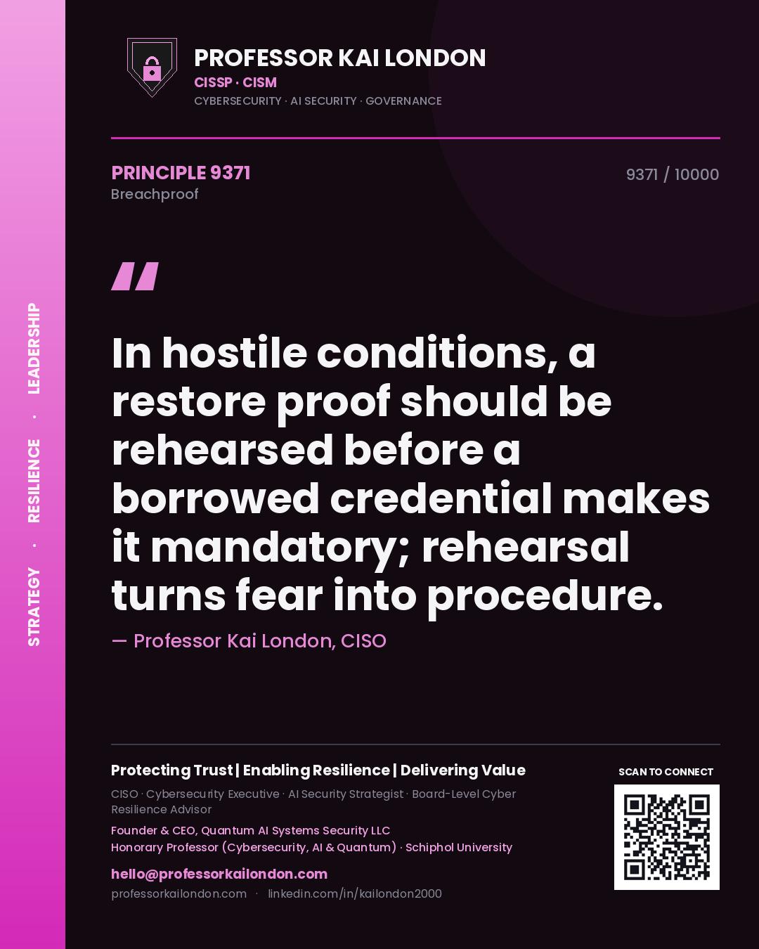 Quote card by Professor Kai London reading 'In hostile conditions, a restore proof should be rehearsed before a borrowed credential makes it mandatory; rehearsal turns fear into procedure.'. From the book Breachproof.