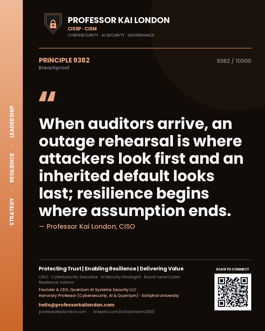 Quote card by Professor Kai London reading 'When auditors arrive, an outage rehearsal is where attackers look first and an inherited default looks last; resilience begins where assumption ends.'. From the book Breachproof.