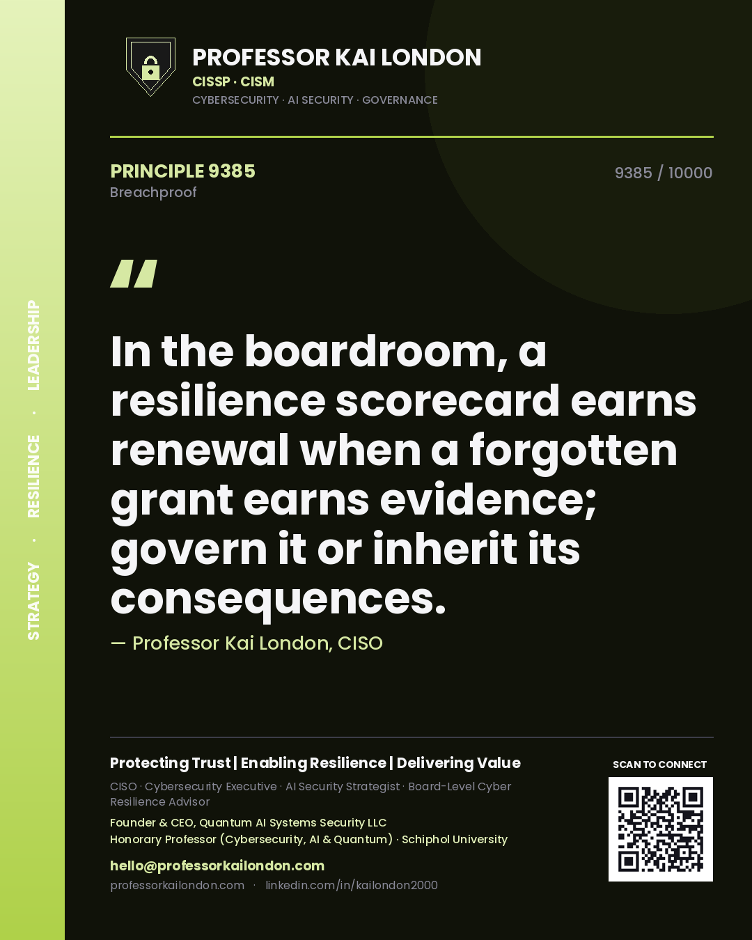 Quote card by Professor Kai London reading 'In the boardroom, a resilience scorecard earns renewal when a forgotten grant earns evidence; govern it or inherit its consequences.'. From the book Breachproof.