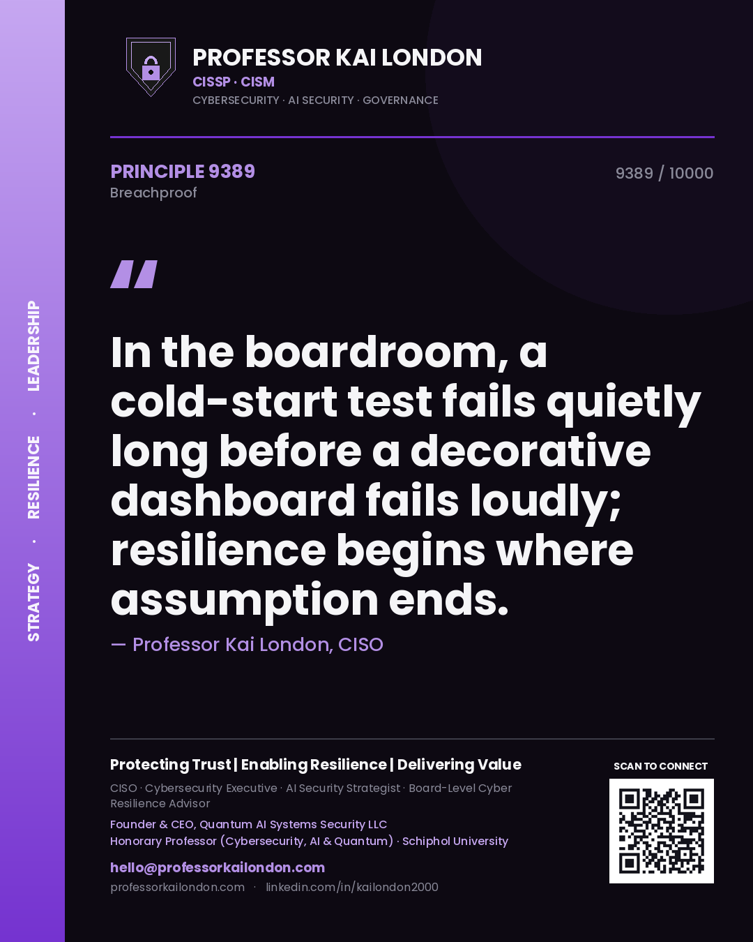 Quote card by Professor Kai London reading 'In the boardroom, a cold-start test fails quietly long before a decorative dashboard fails loudly; resilience begins where assumption ends.'. From the book Breachproof.
