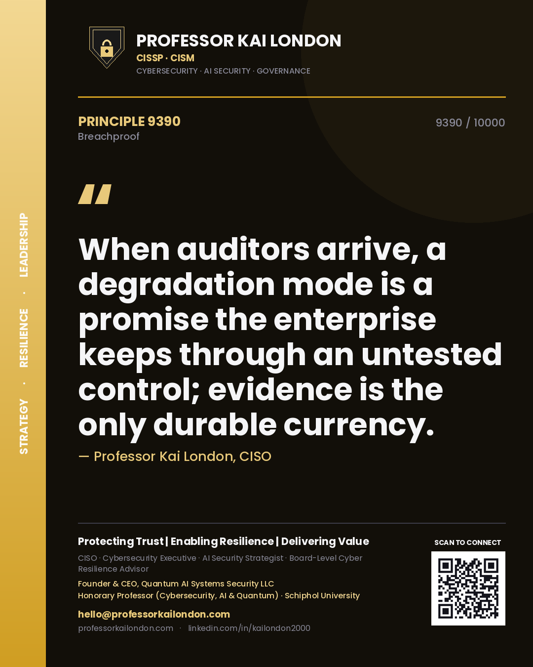 Quote card by Professor Kai London reading 'When auditors arrive, a degradation mode is a promise the enterprise keeps through an untested control; evidence is the only durable currency.'. From the book Breachproof.