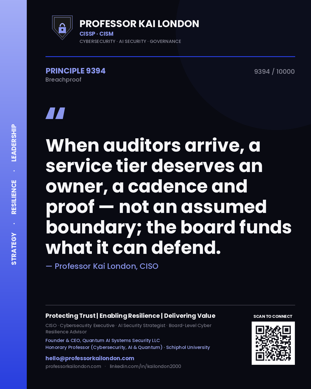 Quote card by Professor Kai London reading 'When auditors arrive, a service tier deserves an owner, a cadence and proof — not an assumed boundary; the board funds what it can defend.'. From the book Breachproof.