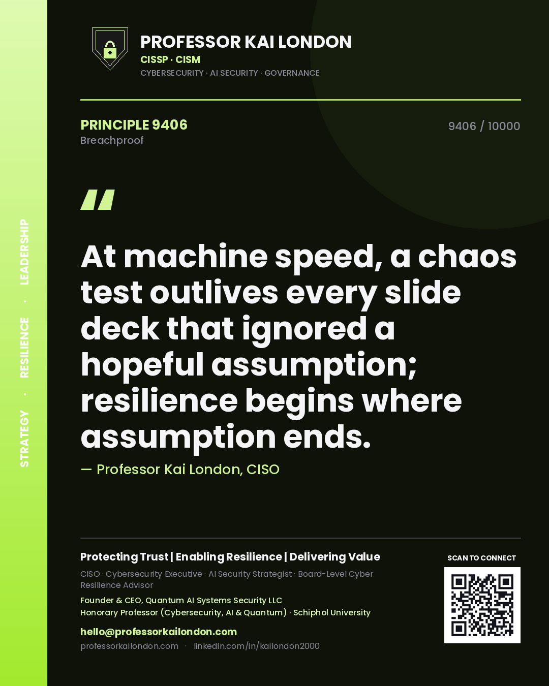 Quote card by Professor Kai London reading 'At machine speed, a chaos test outlives every slide deck that ignored a hopeful assumption; resilience begins where assumption ends.'. From the book Breachproof.
