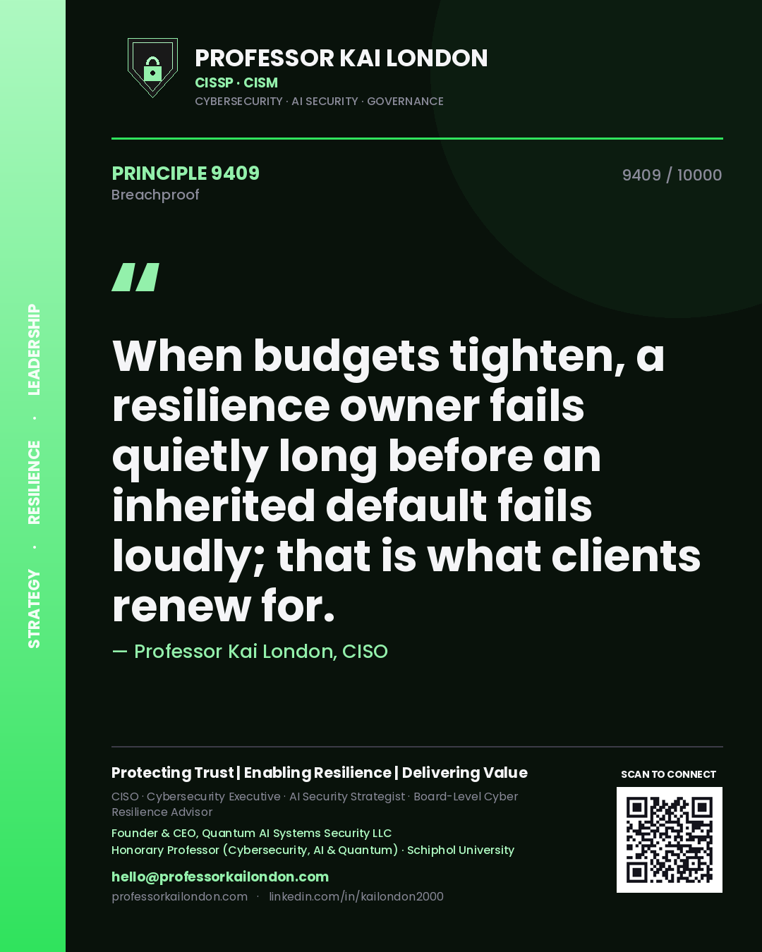 Professor Kai London principle 9409: When budgets tighten, a resilience owner fails quietly long before an inherited default fails loudly; that is what clients renew for.