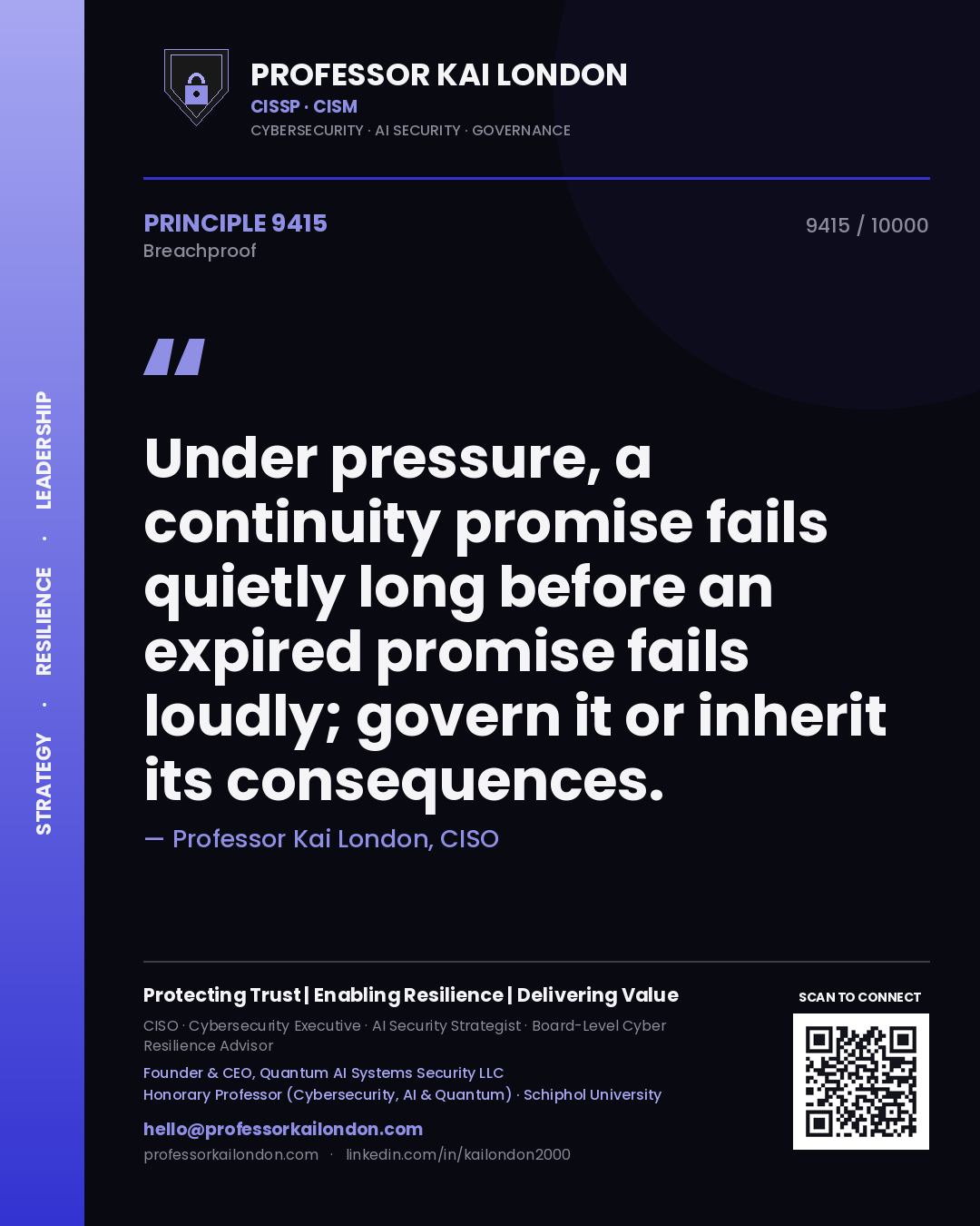 Quote card by Professor Kai London reading 'Under pressure, a continuity promise fails quietly long before an expired promise fails loudly; govern it or inherit its consequences.'. From the book Breachproof.