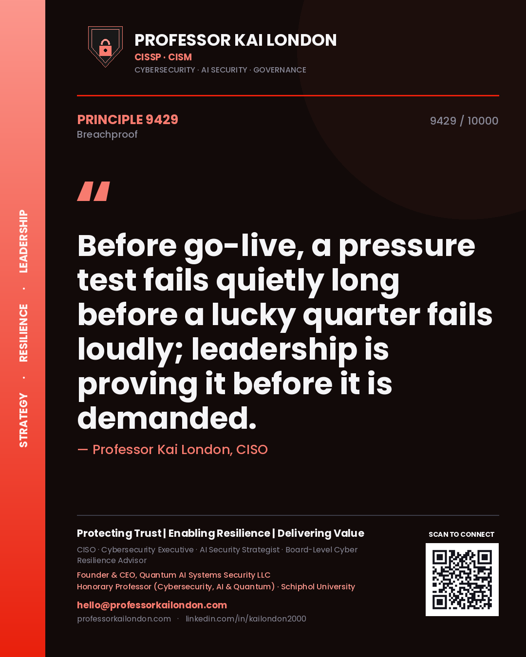 Quote card by Professor Kai London reading 'Before go-live, a pressure test fails quietly long before a lucky quarter fails loudly; leadership is proving it before it is demanded.'. From the book Breachproof.