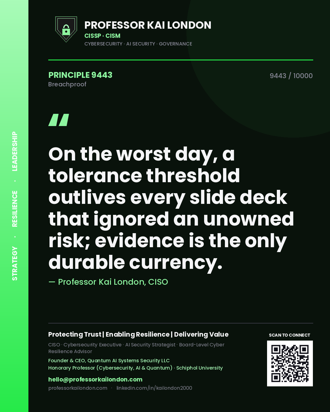 Quote card by Professor Kai London reading 'On the worst day, a tolerance threshold outlives every slide deck that ignored an unowned risk; evidence is the only durable currency.'. From the book Breachproof.