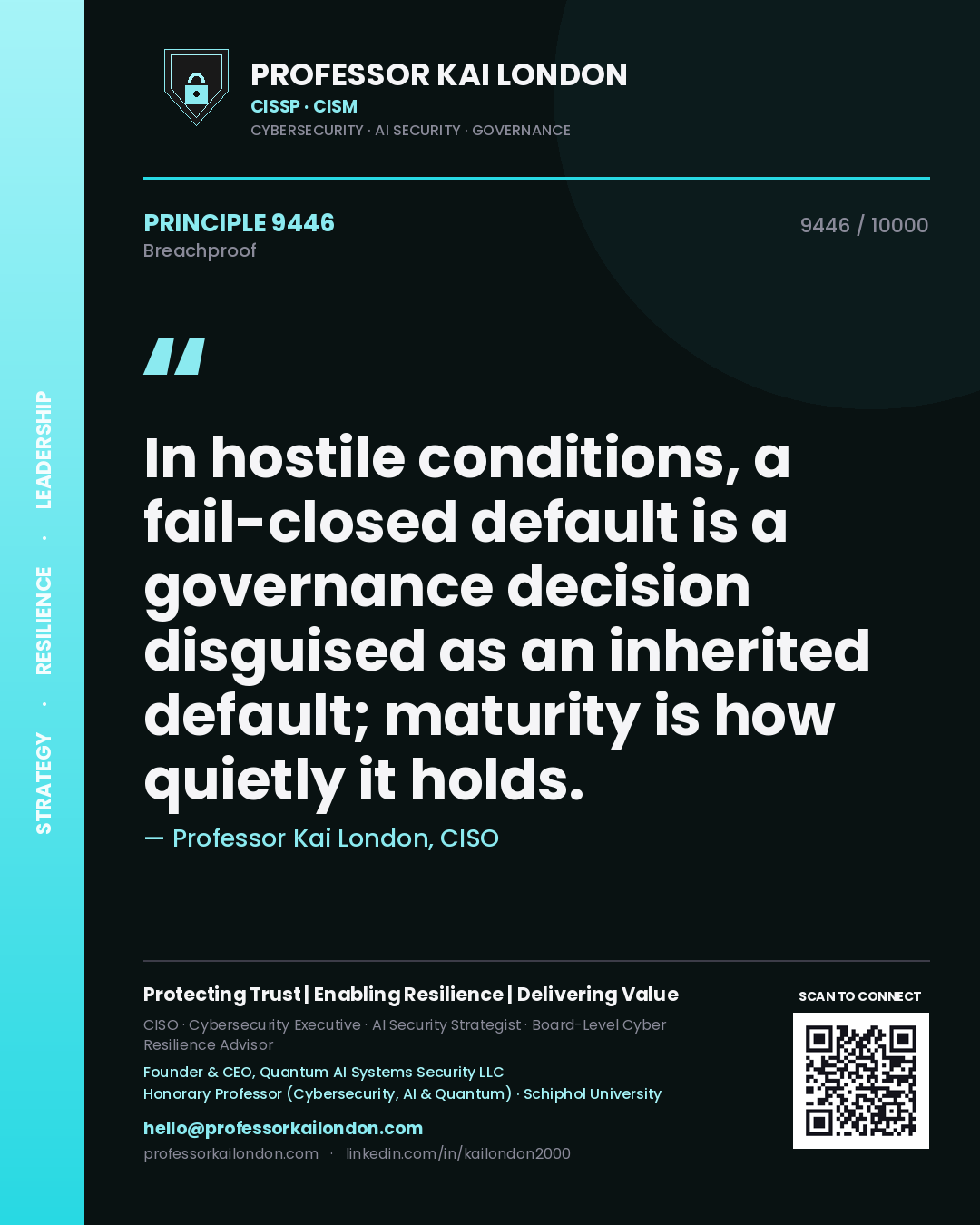 Quote card by Professor Kai London reading 'In hostile conditions, a fail-closed default is a governance decision disguised as an inherited default; maturity is how quietly it holds.'. From the book Breachproof.