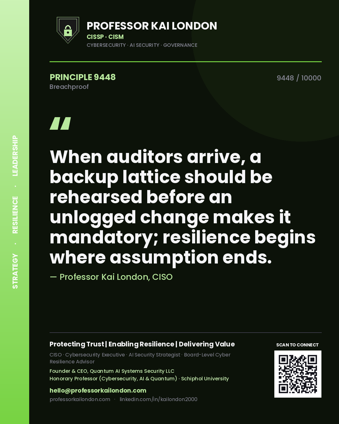 Quote card by Professor Kai London reading 'When auditors arrive, a backup lattice should be rehearsed before an unlogged change makes it mandatory; resilience begins where assumption ends.'. From the book Breachproof.