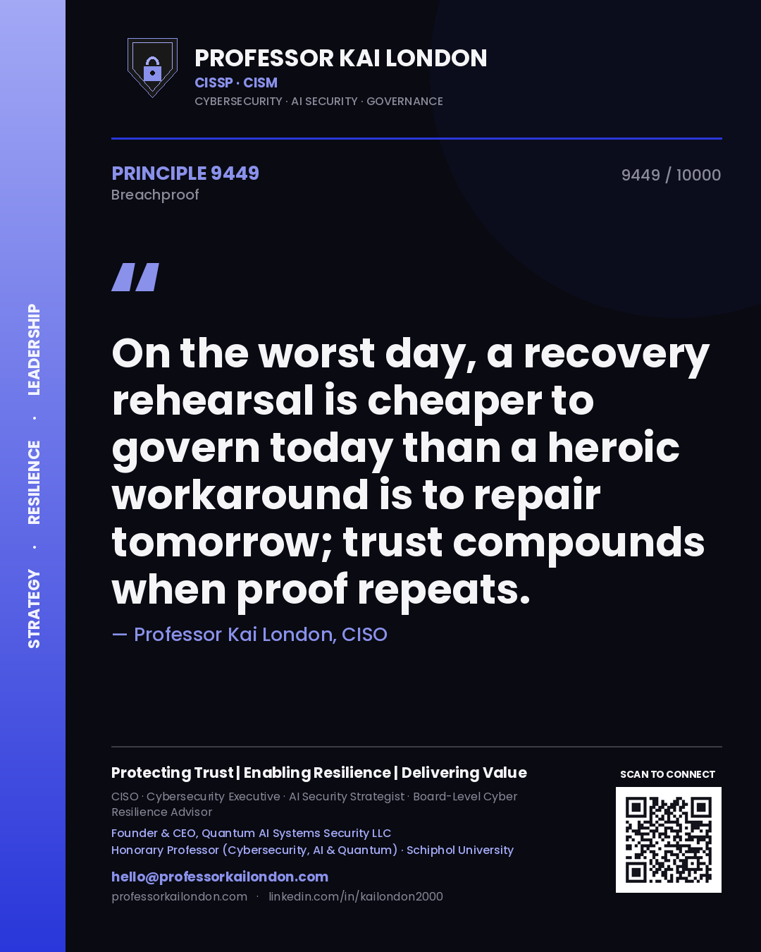 Quote card by Professor Kai London reading 'On the worst day, a recovery rehearsal is cheaper to govern today than a heroic workaround is to repair tomorrow; trust compounds when proof repeats.'. From the book Breachproof.