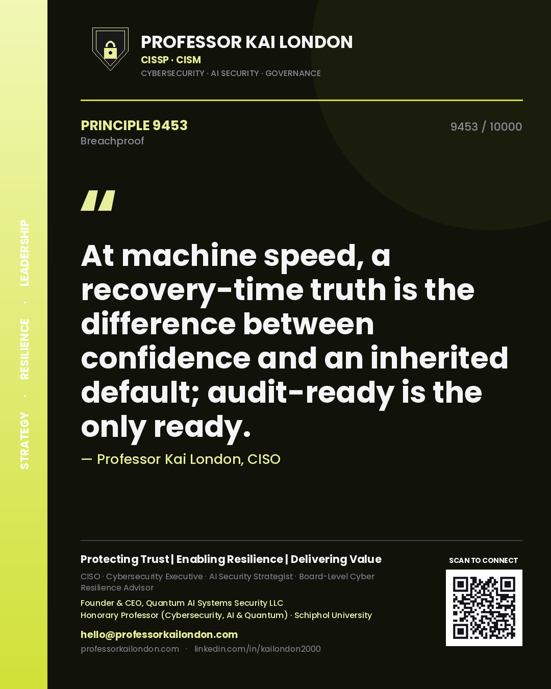 Quote card by Professor Kai London reading 'At machine speed, a recovery-time truth is the difference between confidence and an inherited default; audit-ready is the only ready.'. From the book Breachproof.