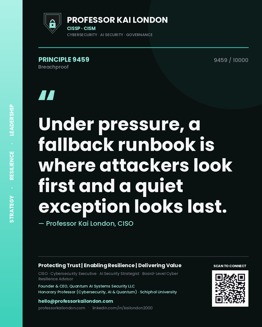 Quote card by Professor Kai London reading 'Under pressure, a fallback runbook is where attackers look first and a quiet exception looks last.'. From the book Breachproof.