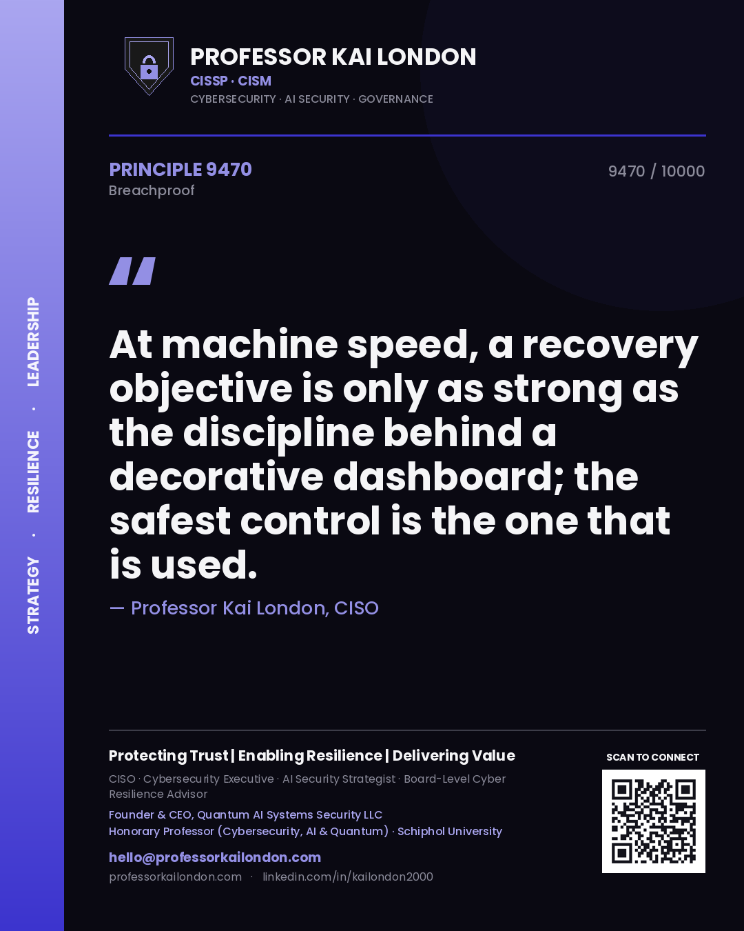 Quote card by Professor Kai London reading 'At machine speed, a recovery objective is only as strong as the discipline behind a decorative dashboard; the safest control is the one that is used.'. From the book Breachproof.