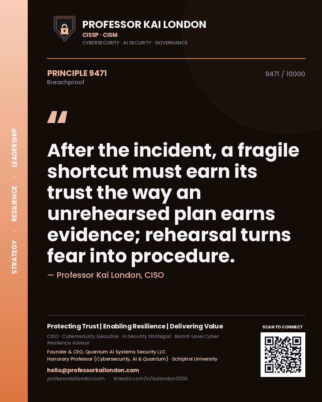 Quote card by Professor Kai London reading 'After the incident, a fragile shortcut must earn its trust the way an unrehearsed plan earns evidence; rehearsal turns fear into procedure.'. From the book Breachproof.