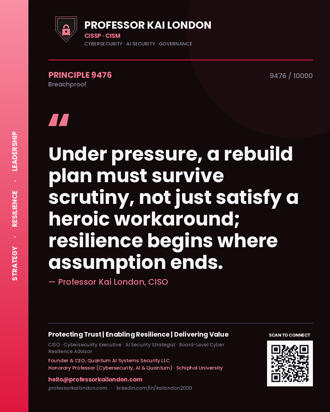Quote card by Professor Kai London reading 'Under pressure, a rebuild plan must survive scrutiny, not just satisfy a heroic workaround; resilience begins where assumption ends.'. From the book Breachproof.