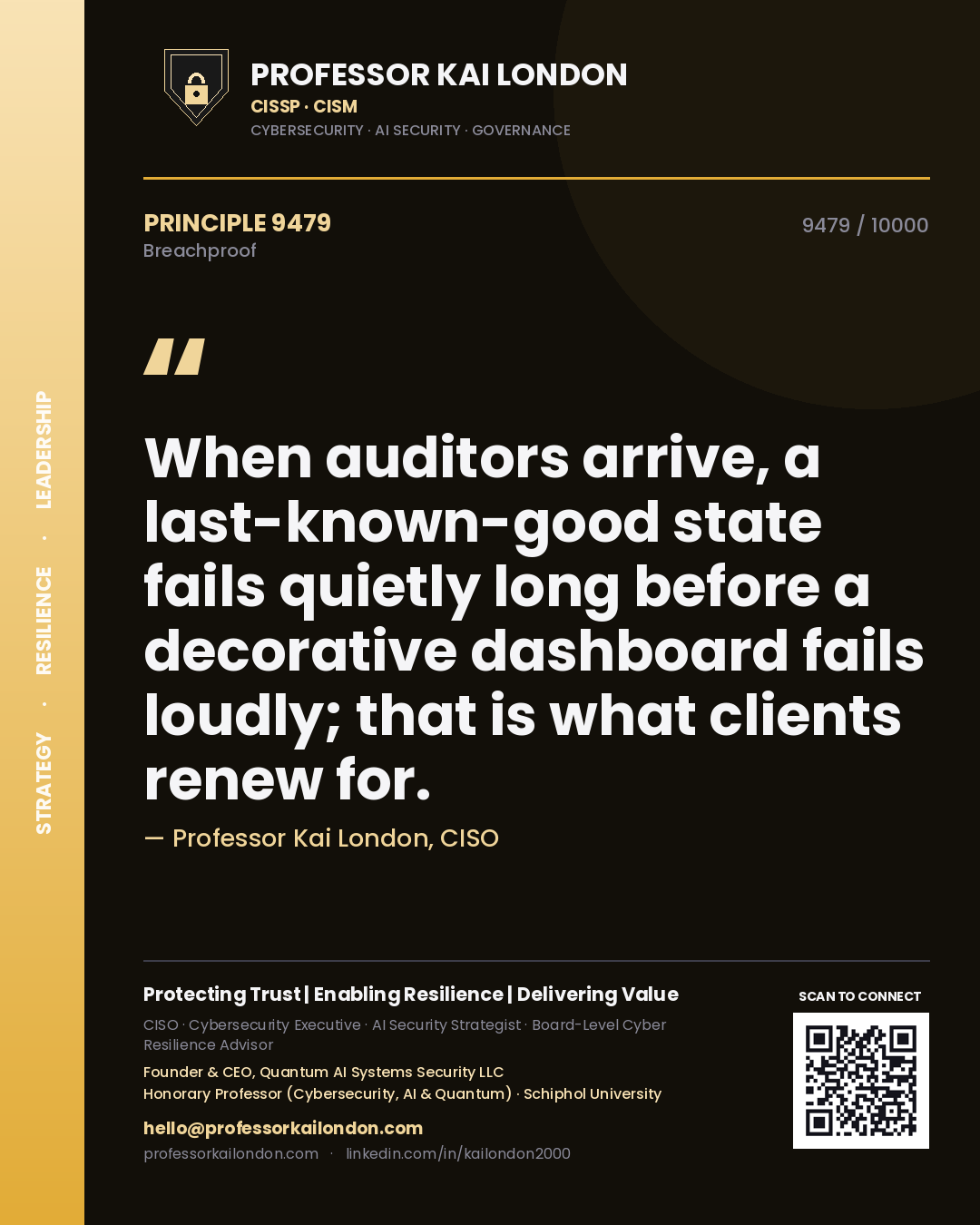 Quote card by Professor Kai London reading 'When auditors arrive, a last-known-good state fails quietly long before a decorative dashboard fails loudly; that is what clients renew for.'. From the book Breachproof.