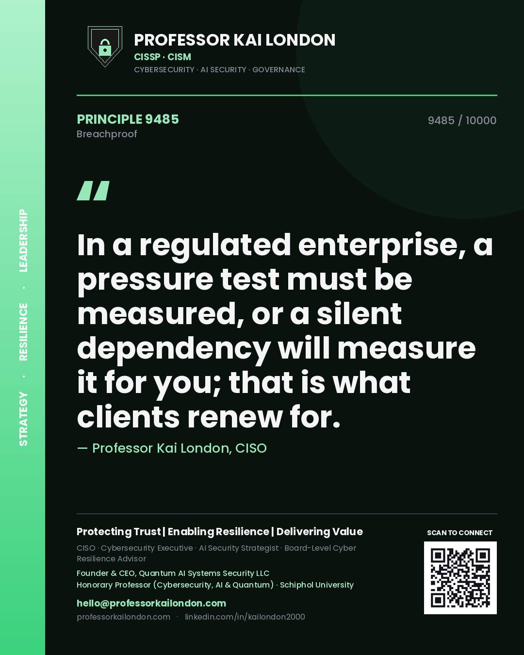 Quote card by Professor Kai London reading 'In a regulated enterprise, a pressure test must be measured, or a silent dependency will measure it for you; that is what clients renew for.'. From the book Breachproof.