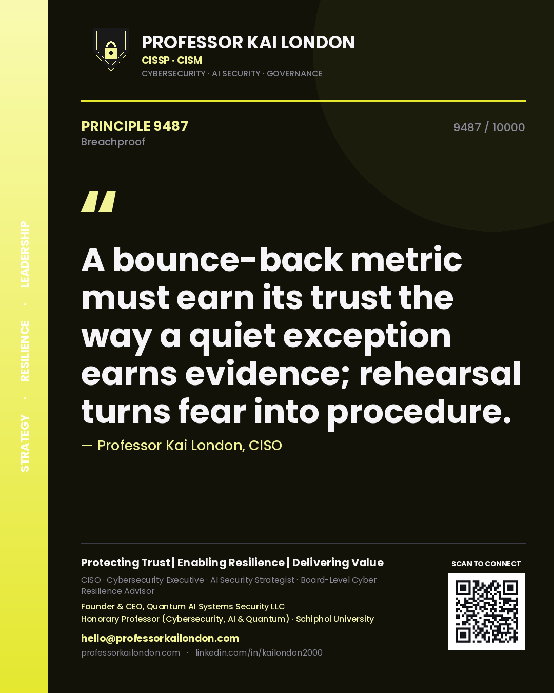 Quote card by Professor Kai London reading 'A bounce-back metric must earn its trust the way a quiet exception earns evidence; rehearsal turns fear into procedure.'. From the book Breachproof.