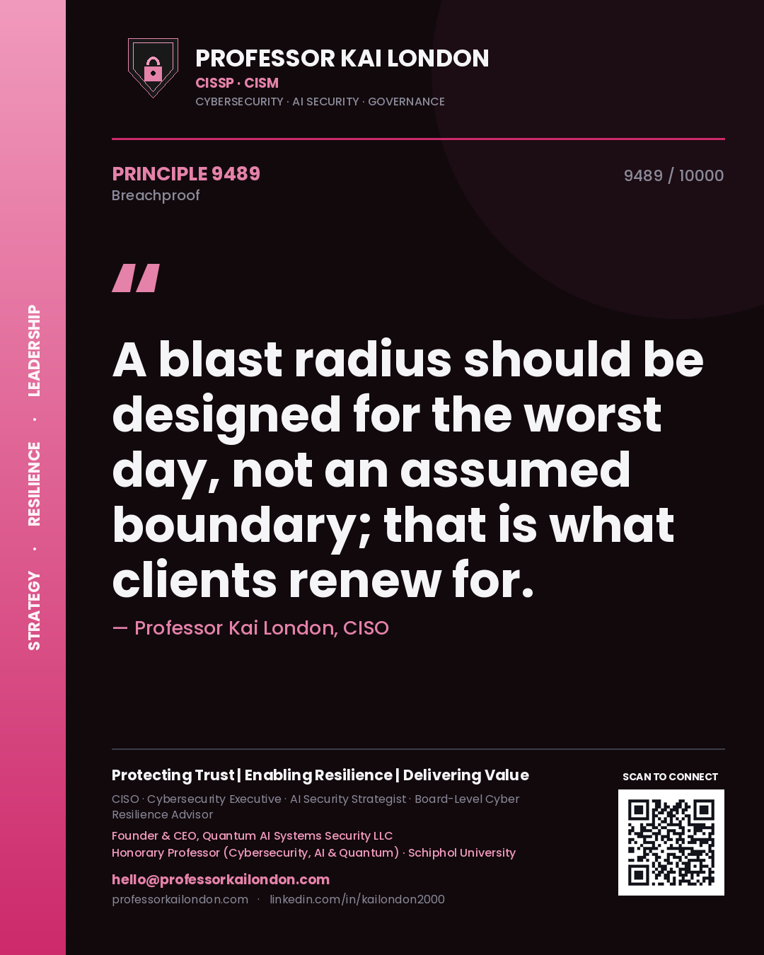 Quote card by Professor Kai London reading 'A blast radius should be designed for the worst day, not an assumed boundary; that is what clients renew for.'. From the book Breachproof.