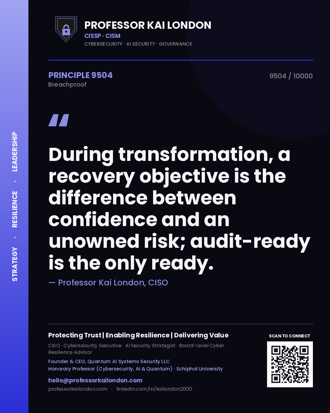 Quote card by Professor Kai London reading 'During transformation, a recovery objective is the difference between confidence and an unowned risk; audit-ready is the only ready.'. From the book Breachproof.