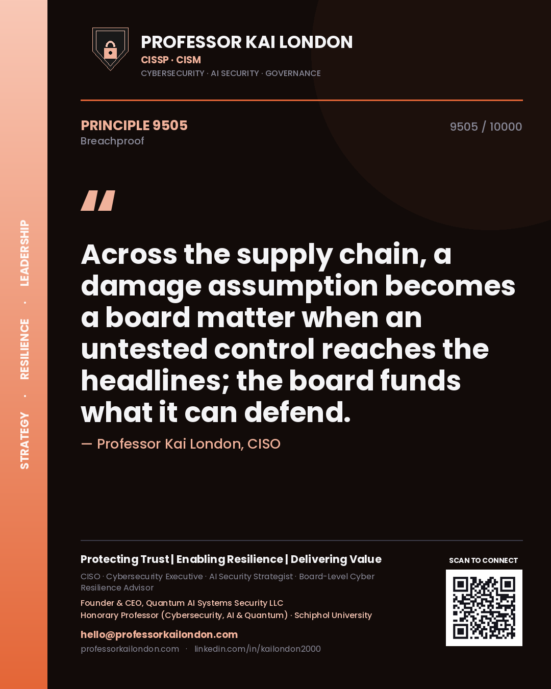 Quote card by Professor Kai London reading 'Across the supply chain, a damage assumption becomes a board matter when an untested control reaches the headlines; the board funds what it can defend.'. From the book Breachproof.