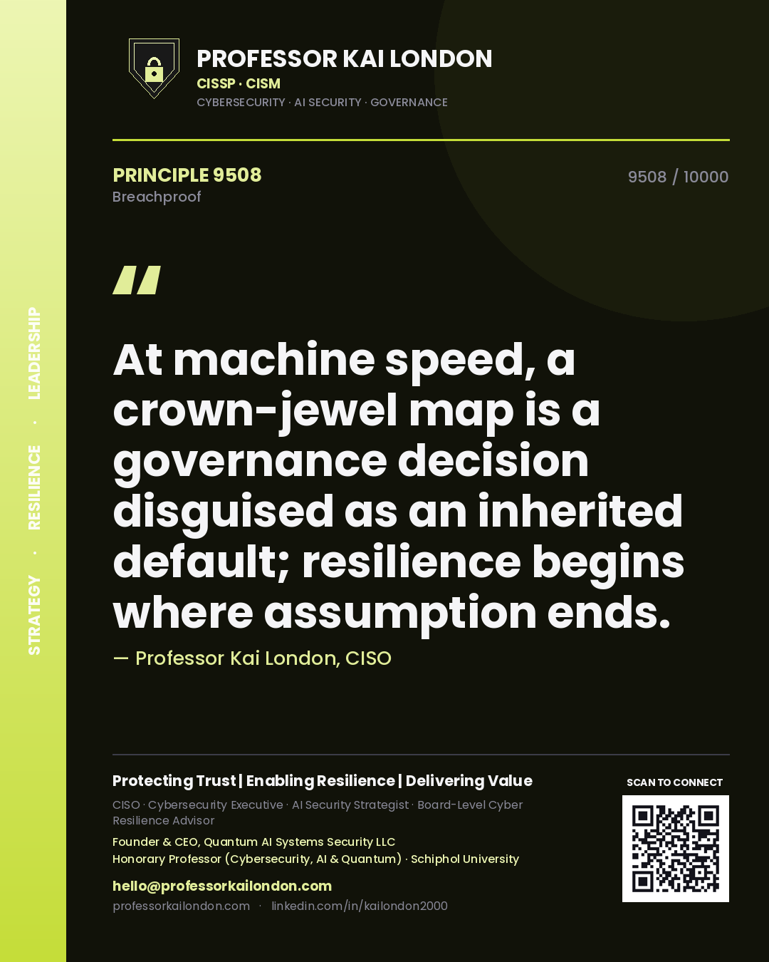 Professor Kai London principle 9508: At machine speed, a crown-jewel map is a governance decision disguised as an inherited default; resilience begins where assumption ends.