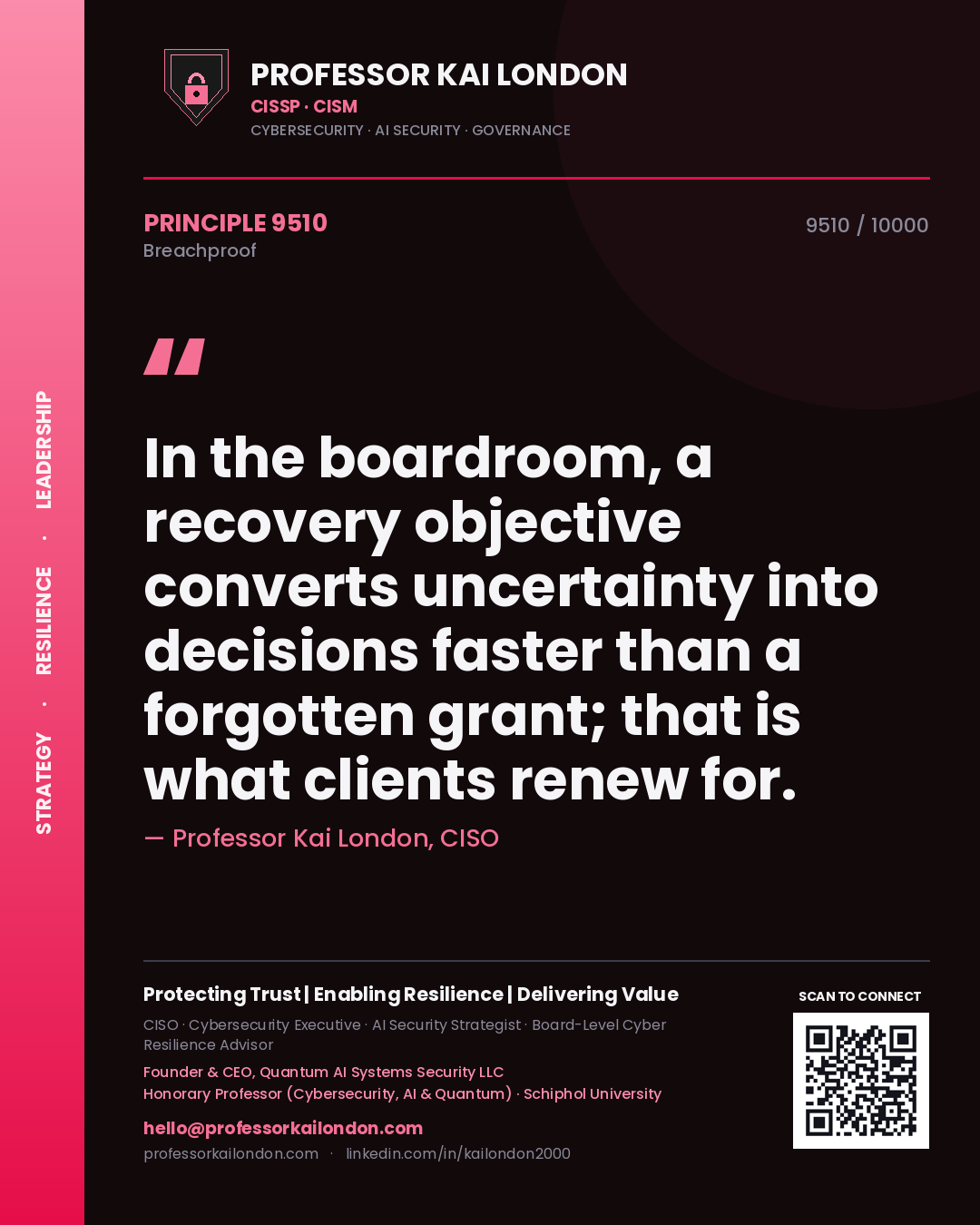 Quote card by Professor Kai London reading 'In the boardroom, a recovery objective converts uncertainty into decisions faster than a forgotten grant; that is what clients renew for.'. From the book Breachproof.