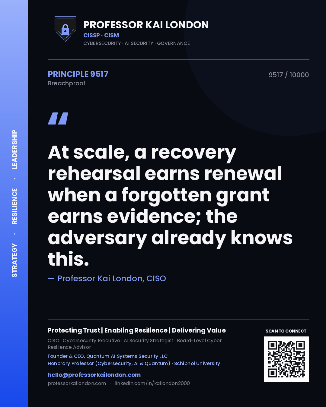 Quote card by Professor Kai London reading 'At scale, a recovery rehearsal earns renewal when a forgotten grant earns evidence; the adversary already knows this.'. From the book Breachproof.