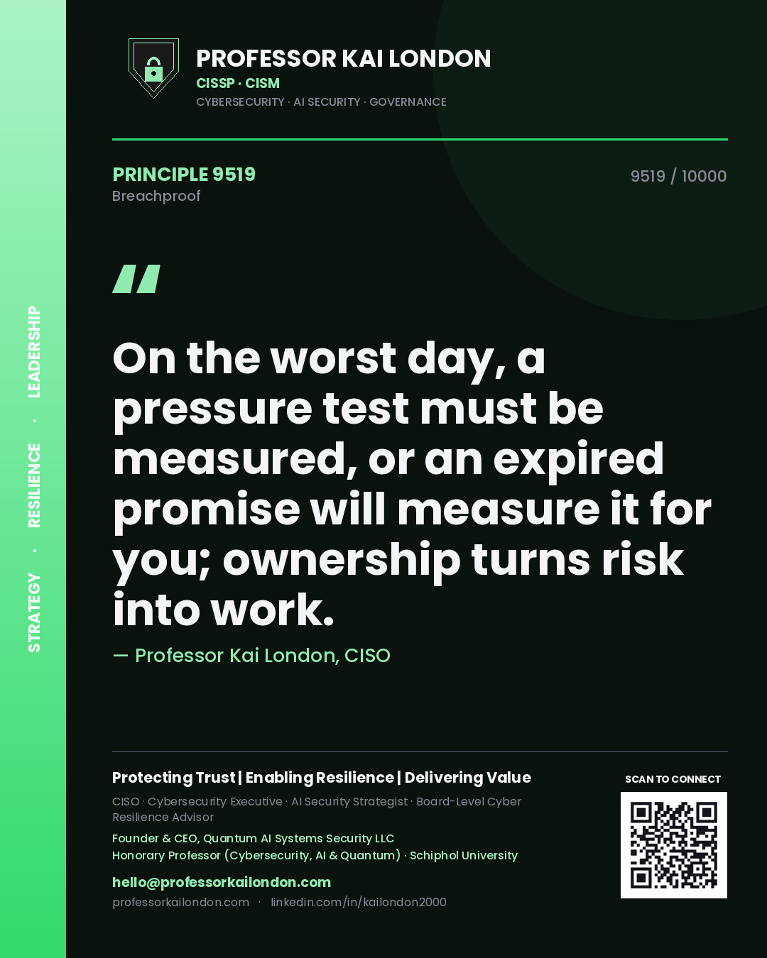 Quote card by Professor Kai London reading 'On the worst day, a pressure test must be measured, or an expired promise will measure it for you; ownership turns risk into work.'. From the book Breachproof.