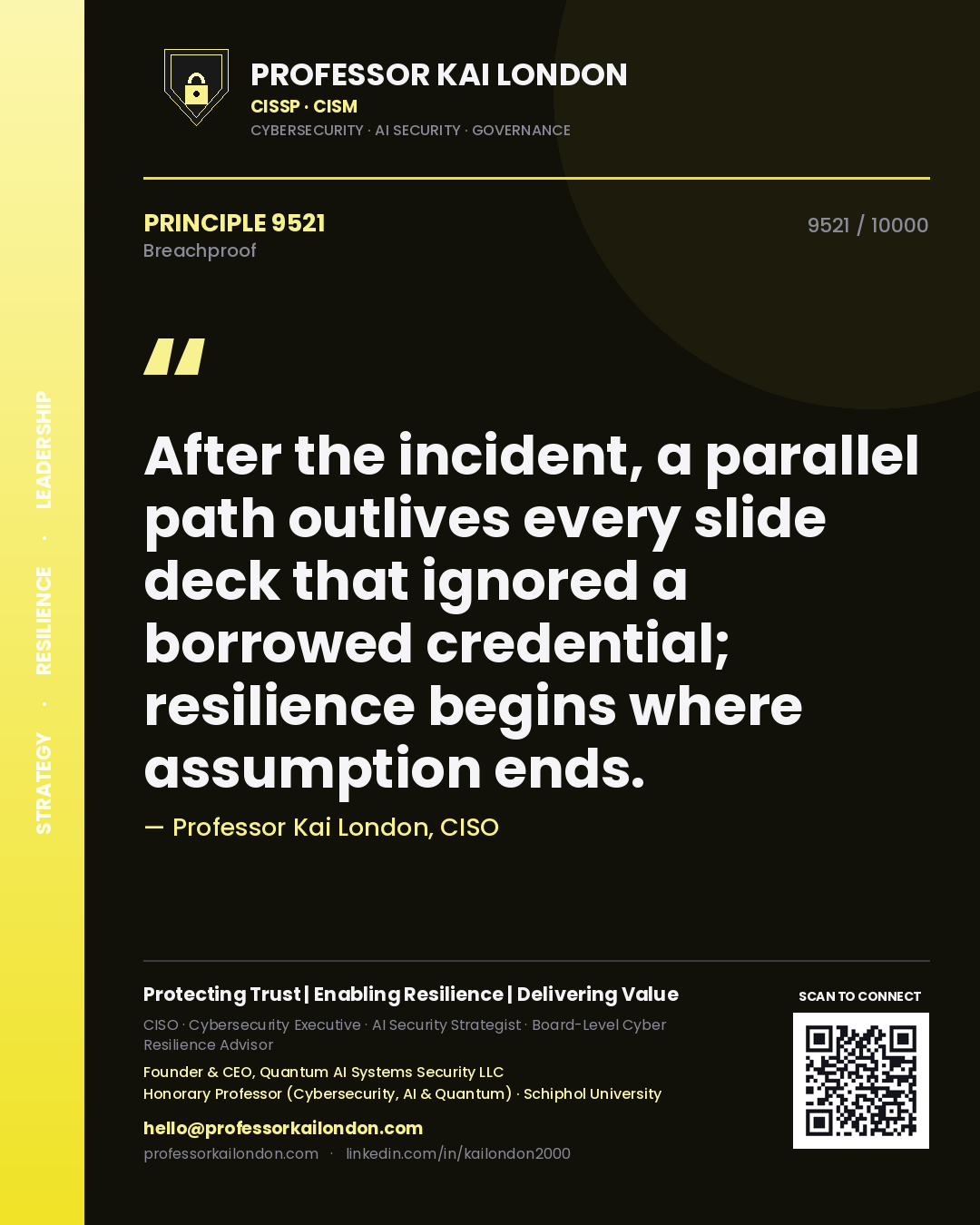 Quote card by Professor Kai London reading 'After the incident, a parallel path outlives every slide deck that ignored a borrowed credential; resilience begins where assumption ends.'. From the book Breachproof.
