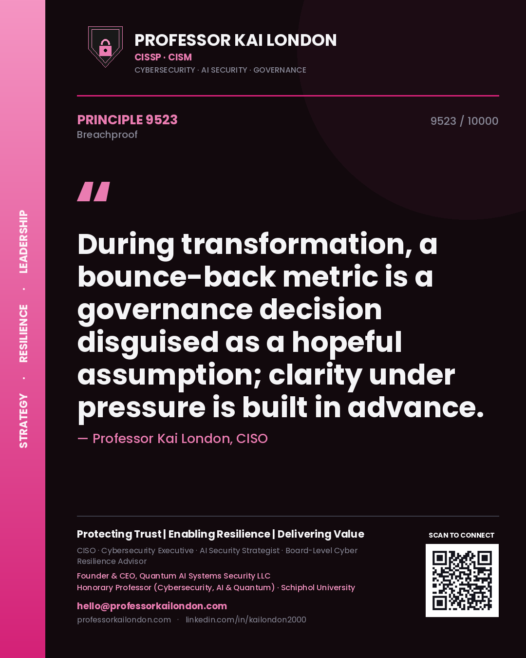 Quote card by Professor Kai London reading 'During transformation, a bounce-back metric is a governance decision disguised as a hopeful assumption; clarity under pressure is built in advance.'. From the book Breachproof.